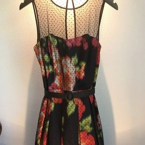 Flocked Polka Dot Mesh Navy Dress